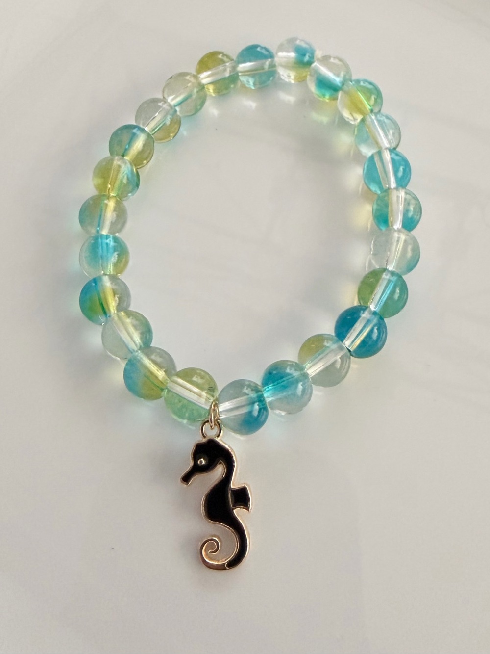 Seahorse Charm Blue & Green Glass Bead Stretch Bracelet
